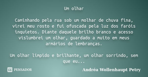 Um olhar Caminhando pela rua sob um molhar de chuva fina, virei meu rosto e fui ofuscada pela luz dos faróis inquietos. Diante daquele brilho branco e acesso vi... Frase de Andréa Wollenhaupt Petry.