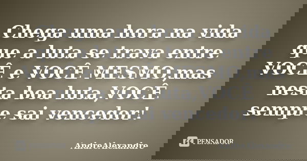 Chega uma hora na vida que a luta se trava entre VOCÊ e VOCÊ MESMO,mas nesta boa luta,VOCÊ sempre sai vencedor!... Frase de AndreAlexandre.