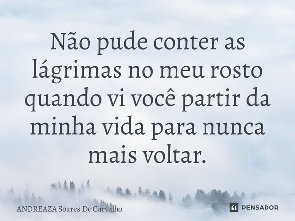 ⁠Não pude conter as lágrimas no meu rosto quando vi você partir da minha vida para nunca mais voltar.... Frase de ANDREAZA Soares De Carvalho.