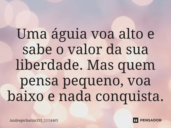 Uma águia voa alto e sabe o valor da sua liberdade. Mas quem pensa pequeno, voa baixo e nada conquista.... Frase de Andregerbatim355_1114465.