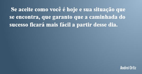 Se aceite como você é hoje e sua situação que se encontra, que garanto que a caminhada do sucesso ficará mais fácil a partir desse dia.... Frase de Andrei Ortiz.