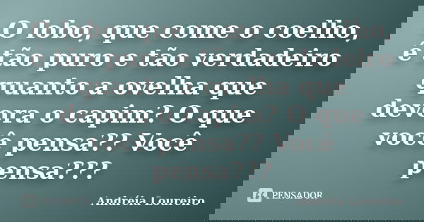 O lobo, que come o coelho, é tão puro e tão verdadeiro quanto a ovelha que devora o capim? O que você pensa?? Você pensa???... Frase de Andréia Loureiro.