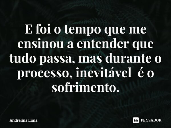 ⁠E foi o tempo que me ensinou a entender que tudo passa, mas durante o processo, inevitável é o sofrimento.... Frase de Andrelina Lima.