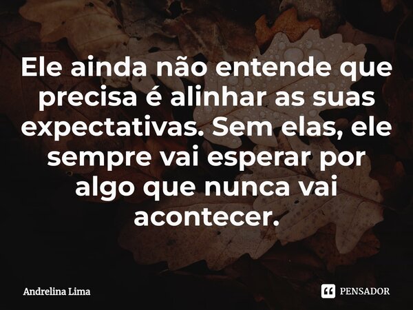 Ele ainda não entende que precisa é alinhar as suas expectativas. Sem elas, ele sempre vai esperar por algo que nunca vai acontecer.... Frase de Andrelina Lima.