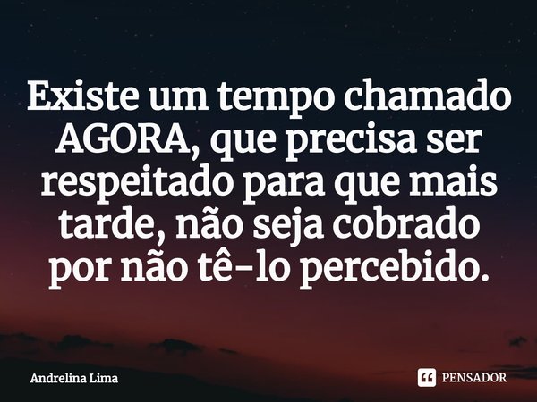 ⁠Existe um tempo chamado AGORA, que precisa ser respeitado para que mais tarde, não seja cobrado por não tê-lo percebido.... Frase de Andrelina Lima.