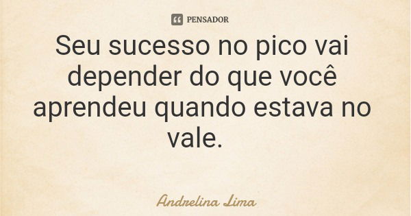 Seu sucesso no pico vai depender do que você aprendeu quando estava no vale.... Frase de Andrelina Lima.