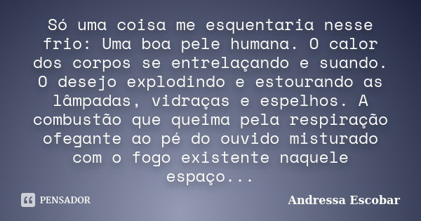 Só uma coisa me esquentaria nesse frio: Uma boa pele humana. O calor dos corpos se entrelaçando e suando. O desejo explodindo e estourando as lâmpadas, vidraças... Frase de Andressa Escobar.