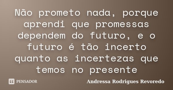 Não prometo nada, porque aprendi que promessas dependem do futuro, e o futuro é tão incerto quanto as incertezas que temos no presente... Frase de Andressa Rodrigues Revoredo.