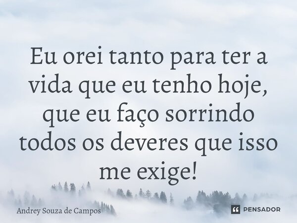 ⁠Eu orei tanto para ter a vida que eu tenho hoje, que eu faço sorrindo todos os deveres que isso me exige!... Frase de Andrey Souza de Campos.