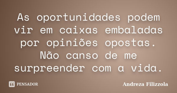 As oportunidades podem vir em caixas embaladas por opiniões opostas. Não canso de me surpreender com a vida.... Frase de Andreza Filizzola.