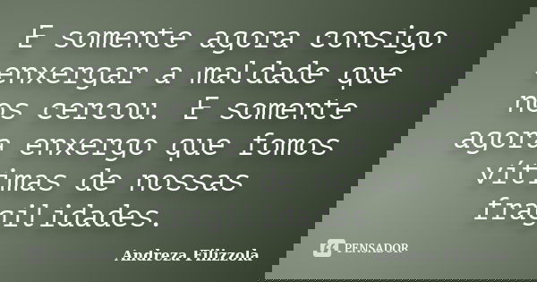 E somente agora consigo enxergar a maldade que nos cercou. E somente agora enxergo que fomos vítimas de nossas fragilidades.... Frase de Andreza Filizzola.