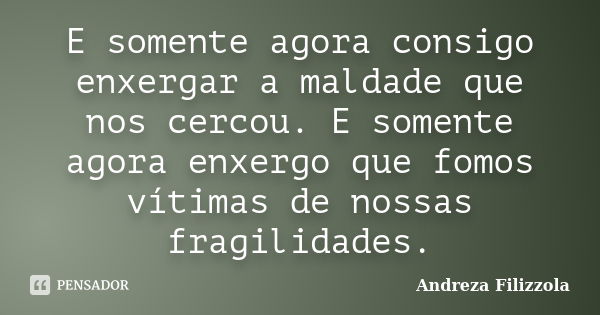 E somente agora consigo enxergar a maldade que nos cercou. E somente agora enxergo que fomos vítimas de nossas fragilidades.... Frase de Andreza Filizzola.