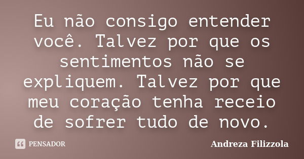 Eu não consigo entender você. Talvez por que os sentimentos não se expliquem. Talvez por que meu coração tenha receio de sofrer tudo de novo.... Frase de Andreza Filizzola.