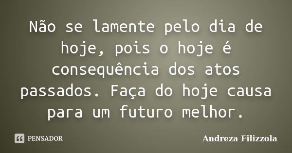 Não se lamente pelo dia de hoje, pois o hoje é consequência dos atos passados. Faça do hoje causa para um futuro melhor.... Frase de Andreza Filizzola.