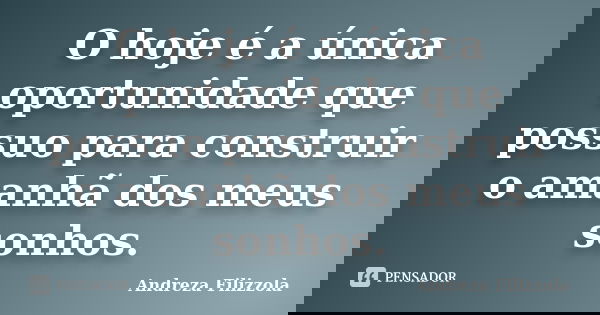 O hoje é a única oportunidade que possuo para construir o amanhã dos meus sonhos.... Frase de Andreza Filizzola.