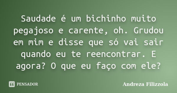 Saudade é um bichinho muito pegajoso e carente, oh. Grudou em mim e disse que só vai sair quando eu te reencontrar. E agora? O que eu faço com ele?... Frase de Andreza Filizzola.