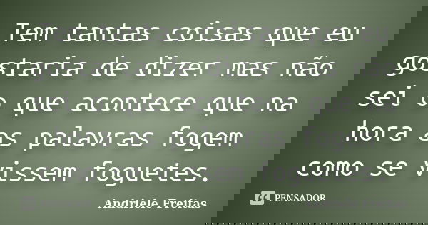 Tem tantas coisas que eu gostaria de dizer mas não sei o que acontece que na hora as palavras fogem como se vissem foguetes.... Frase de Andriele Freitas.
