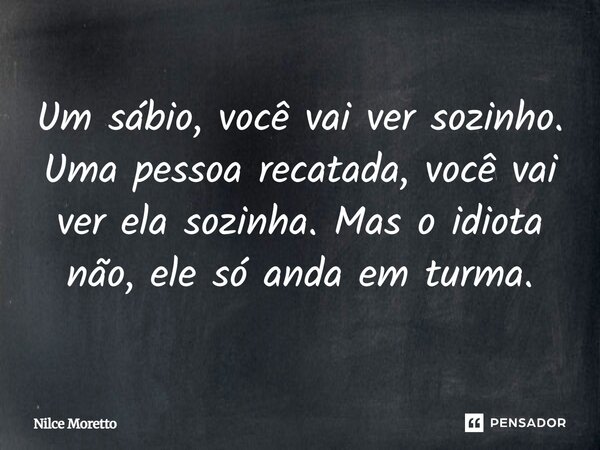 Um sábio, você vai ver sozinho. Uma pessoa recatada, você vai ver ela sozinha. Mas o idiota não, ele só anda em turma.... Frase de Nilce Moretto.
