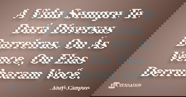 A Vida Sempre Te Dará Diversas Barreiras. Ou Ás Vence, Ou Elas Derrubaram Você.... Frase de Andy Campos.