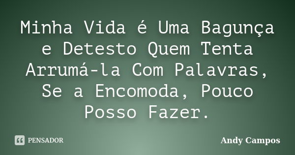 Minha Vida é Uma Bagunça e Detesto Quem Tenta Arrumá-la Com Palavras, Se a Encomoda, Pouco Posso Fazer.... Frase de Andy Campos.