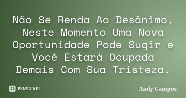 Não Se Renda Ao Desânimo, Neste Momento Uma Nova Oportunidade Pode Sugir e Você Estará Ocupada Demais Com Sua Tristeza.... Frase de Andy Campos.