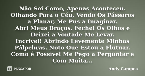 Não Sei Como, Apenas Aconteceu. Olhando Para o Céu, Vendo Os Pássaros a Planar, Me Pus a Imaginar. Abri Meus Braços, Fechei Os Olhos e Deixei a Vontade Me Levar... Frase de Andy Campos.