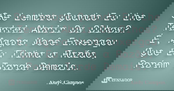 Se Lembra Quando Eu Lhe Tentei Abrir Os Olhos? É, Agora Você Enxergou Que Eu Tinha a Razão, Porém Tarde Demais.... Frase de Andy Campos.