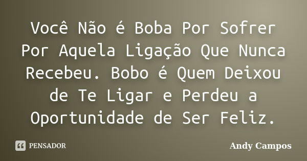 Você Não é Boba Por Sofrer Por Aquela Ligação Que Nunca Recebeu. Bobo é Quem Deixou de Te Ligar e Perdeu a Oportunidade de Ser Feliz.... Frase de Andy Campos.