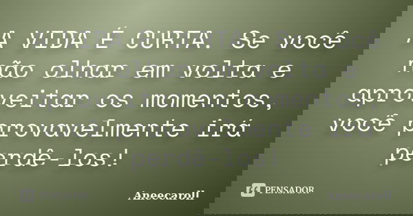 A VIDA É CURTA. Se você não olhar em volta e aproveitar os momentos, você provavelmente irá perdê-los!... Frase de Aneecaroll.