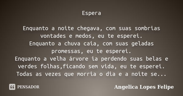 Espera Enquanto a noite chegava, com suas sombrias vontades e medos, eu te esperei. Enquanto a chuva caia, com suas geladas promessas, eu te esperei. Enquanto a... Frase de Angelica Lopes Felipe.