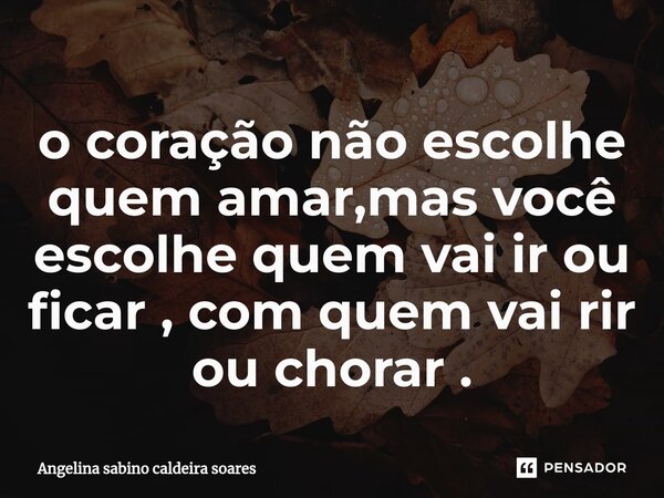 ⁠o coração não escolhe quem amar,mas você escolhe quem vai ir ou ficar , com quem vai rir ou chorar .... Frase de Angelina sabino caldeira soares.