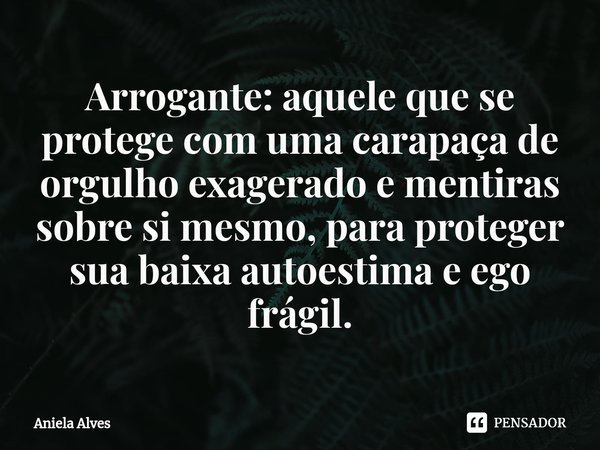 ⁠Arrogante: aquele que se protege com uma carapaça de orgulho exagerado e mentiras sobre si mesmo, para proteger sua baixa autoestima e ego frágil.... Frase de Aniela Alves.