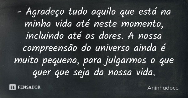 - Agradeço tudo aquilo que está na minha vida até neste momento, incluindo até as dores. A nossa compreensão do universo ainda é muito pequena, para julgarmos o... Frase de Aninhadoce.