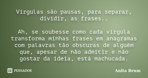 Vírgulas são pausas, para separar, dividir, as frases.. Ah, se soubesse como cada vírgula transforma minhas frases em anagramas com palavras tão obscuras de alg... Frase de Anita Brum.