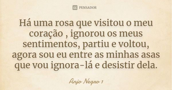 Há uma rosa que visitou o meu coração , ignorou os meus sentimentos, partiu e voltou, agora sou eu entre as minhas asas que vou ignora-lá e desistir dela.... Frase de Anjo Negro 1.