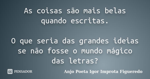 As coisas são mais belas quando escritas. O que seria das grandes ideias se não fosse o mundo mágico das letras?... Frase de AnjO poeta ( Igor Improta Figueredo).