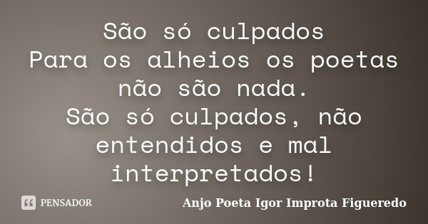 São só culpados Para os alheios os poetas não são nada. São só culpados, não entendidos e mal interpretados!... Frase de AnjO poeta ( Igor Improta Figueredo).