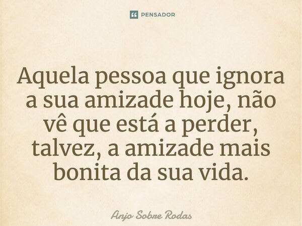 Aquela pessoa que ignora a sua amizade hoje, não vê quê está a perder , talvez, a amizade mais bonita da sua vida... Frase de Anjo Sobre Rodas.