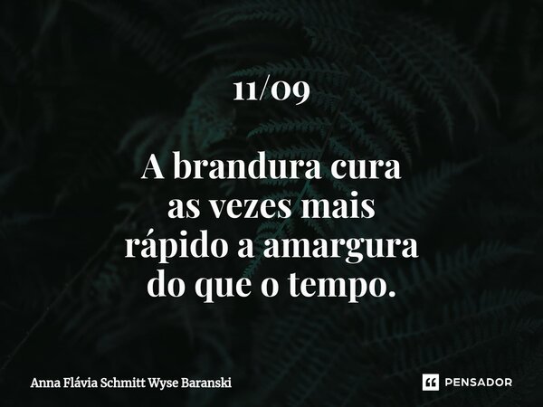 ⁠11/09 A brandura cura as vezes mais rápido a amargura do que o tempo.... Frase de Anna Flávia Schmitt Wyse Baranski.