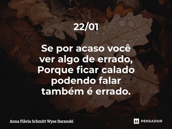 ⁠22/01 Se por acaso você ver algo de errado, Porque ficar calado podendo falar também é errado.... Frase de Anna Flávia Schmitt Wyse Baranski.