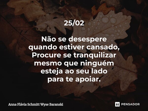 ⁠25/02 Não se desespere quando estiver cansado, Procure se tranquilizar mesmo que ninguém esteja ao seu lado para te apoiar.... Frase de Anna Flávia Schmitt Wyse Baranski.