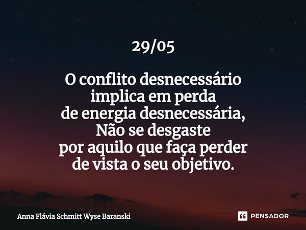 ⁠29/05 O conflito desnecessário implica em perda de energia desnecessária, Não se desgaste por aquilo que faça perder de vista o seu objetivo.... Frase de Anna Flávia Schmitt Wyse Baranski.