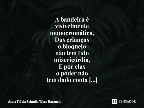 ⁠A bandeira é visivelmente monocromática, Das crianças o bloqueio não tem tido misericórdia, E por elas o poder não tem dado conta da prevenção, Parece ironia: ... Frase de Anna Flávia Schmitt Wyse Baranski.