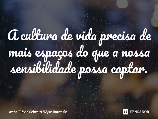 ⁠A cultura de vida precisa de mais espaços do que a nossa sensibilidade possa captar.... Frase de Anna Flávia Schmitt Wyse Baranski.