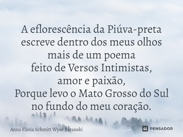 ⁠A eflorescência da Piúva-preta escreve dentro dos meus olhos mais de um poema feito de Versos Intimistas, amor e paixão, Porque levo o Mato Grosso do Sul no fu... Frase de Anna Flávia Schmitt Wyse Baranski.