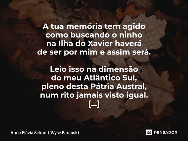 A tua memória tem agido como buscando o ninho na Ilha do Xavier haverá de ser por mim e assim será. Leio isso na dimensão do meu Atlântico Sul, pleno desta Pát... Frase de Anna Flávia Schmitt Wyse Baranski.