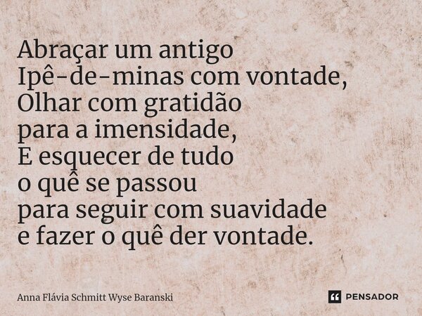 ⁠Abraçar um antigo Ipê-de-minas com vontade, Olhar com gratidão para a imensidade, E esquecer de tudo o quê se passou para seguir com suavidade e fazer o quê de... Frase de Anna Flávia Schmitt Wyse Baranski.