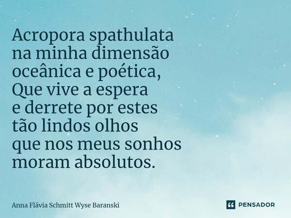 ⁠Acropora spathulata na minha dimensão oceânica e poética, Que vive a espera e derrete por estes tão lindos olhos que nos meus sonhos moram absolutos.... Frase de Anna Flávia Schmitt Wyse Baranski.