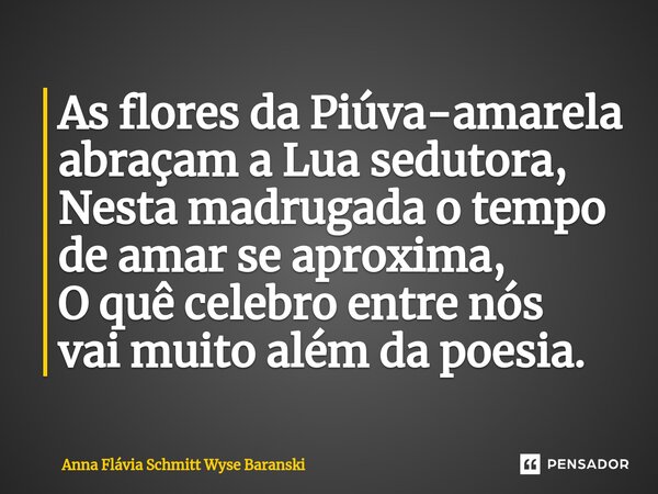 ⁠As flores da Piúva-amarela abraçam a Lua sedutora, Nesta madrugada o tempo de amar se aproxima, O quê celebro entre nós vai muito além da poesia.... Frase de Anna Flávia Schmitt Wyse Baranski.