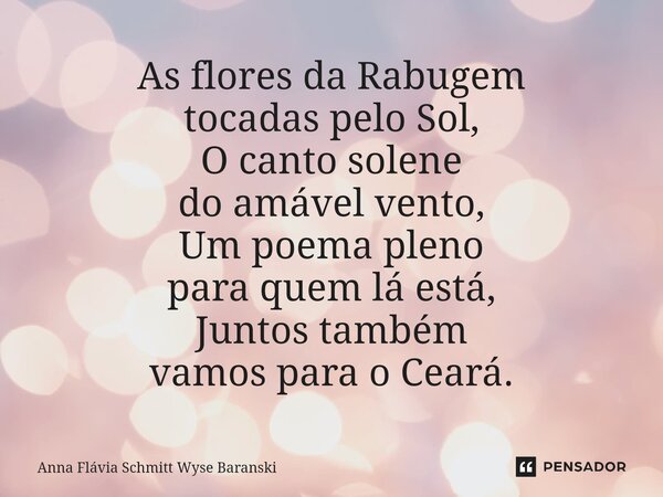 ⁠As flores da Rabugem tocadas pelo Sol, O canto solene do amável vento, Um poema pleno para quem lá está, Juntos também vamos para o Ceará.... Frase de Anna Flávia Schmitt Wyse Baranski.